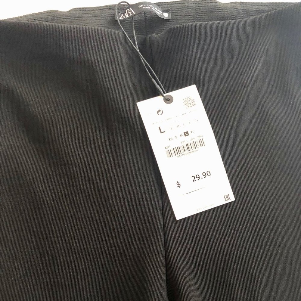 New Zara Black Ribbed Split Hem Leggings Sz: Large
